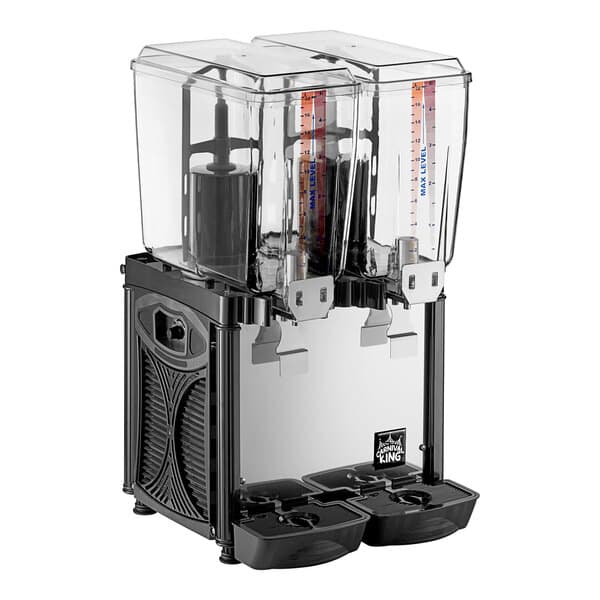 A black and clear Carnival King refrigerated beverage dispenser with two clear containers.