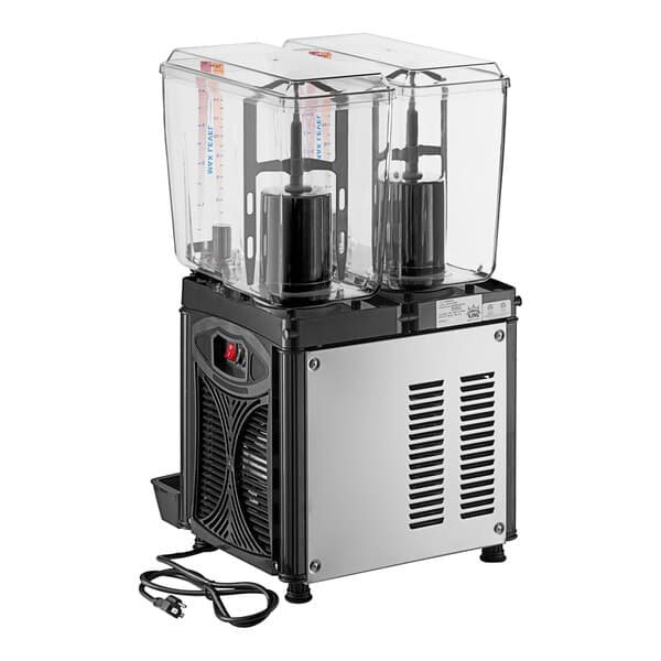 A Carnival King refrigerated beverage dispenser with two clear containers on top of a black and silver base.