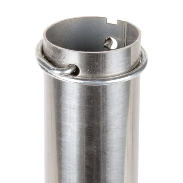 A metal roller with a metal ring on the end.