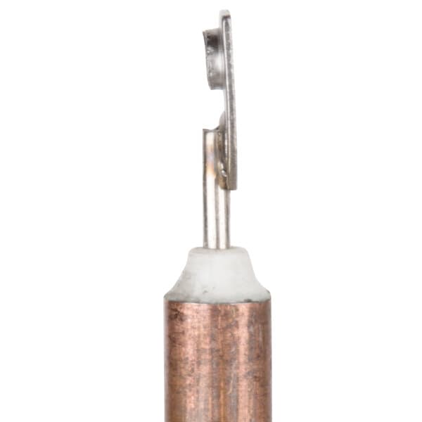 A close-up of a copper heating element with a metal cap on top.