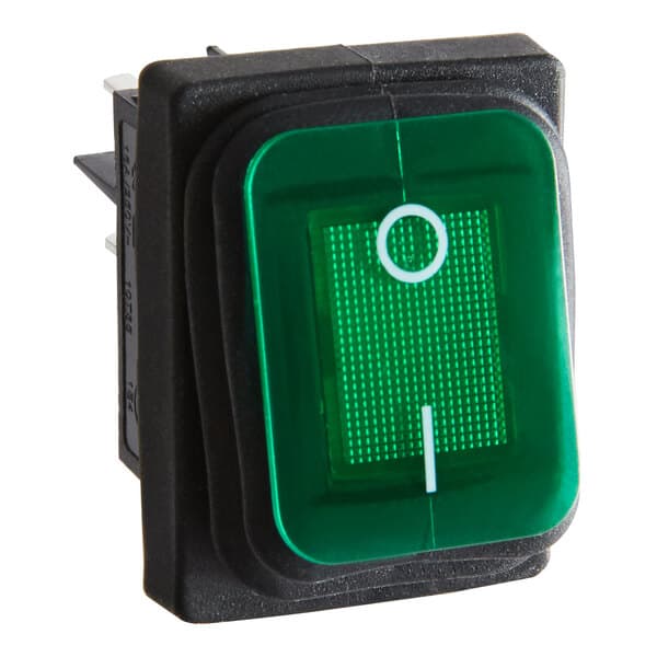 A green and black switch with a white circle and white writing.