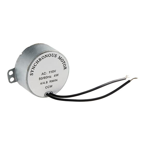 A small round electric motor with black wires.