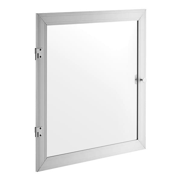 A white rectangular door with a white metal frame.