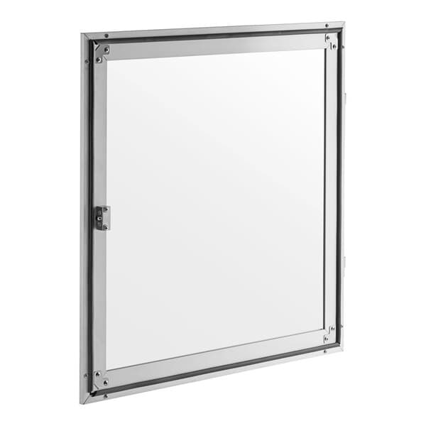 A white rectangular metal door with a glass window.