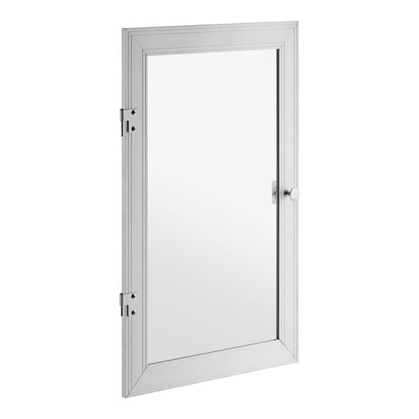 A white door with a silver knob.
