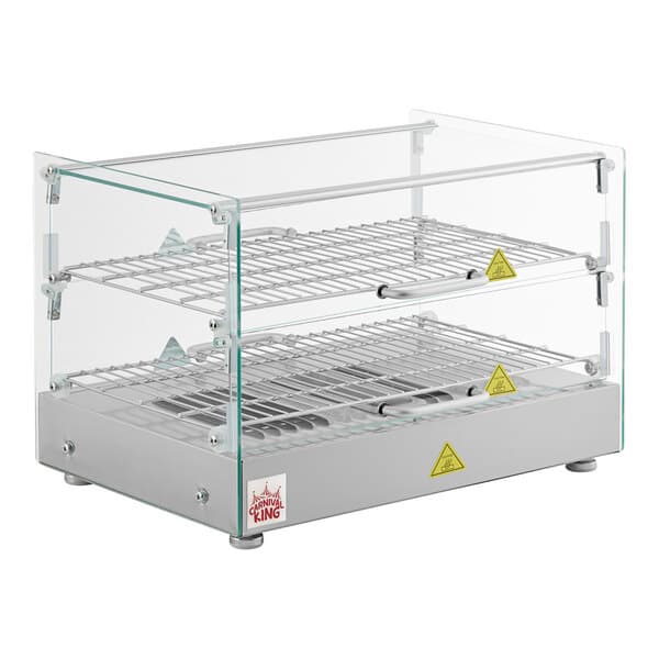 A silver Carnival King glass display case with two metal shelves holding food.