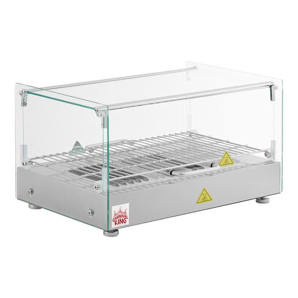 A Carnival King silver glass countertop hot food display case with a metal rack.