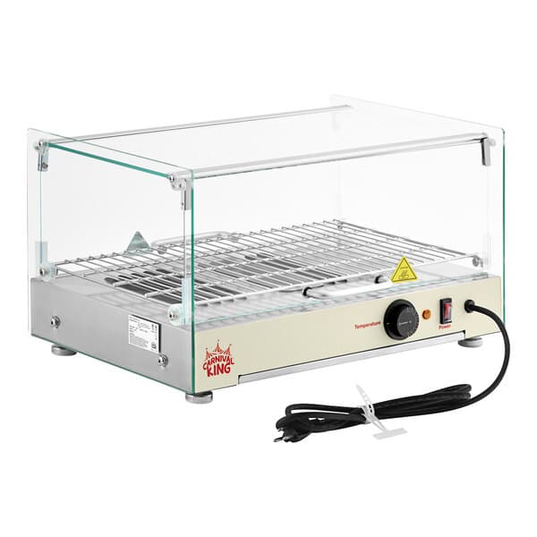 A silver Carnival King hot food display case with a glass container and wire shelf.