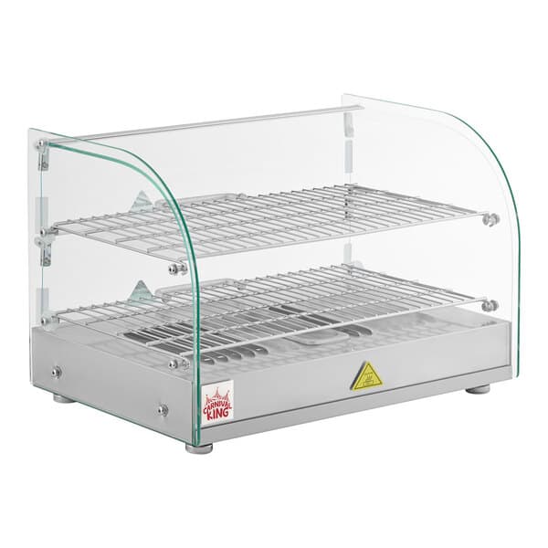A Carnival King curved glass countertop hot food display case with 2 shelves.