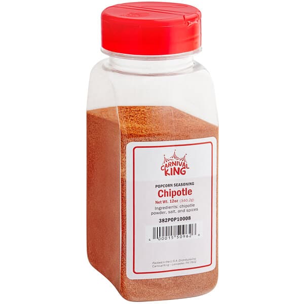A plastic container with a red lid of Carnival King Chipotle Popcorn Seasoning.