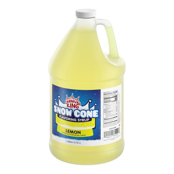 A one-gallon jug of Carnival King lemon snow cone flavoring syrup.