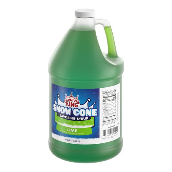 A one-gallon jug of Carnival King lime snow cone flavoring syrup.