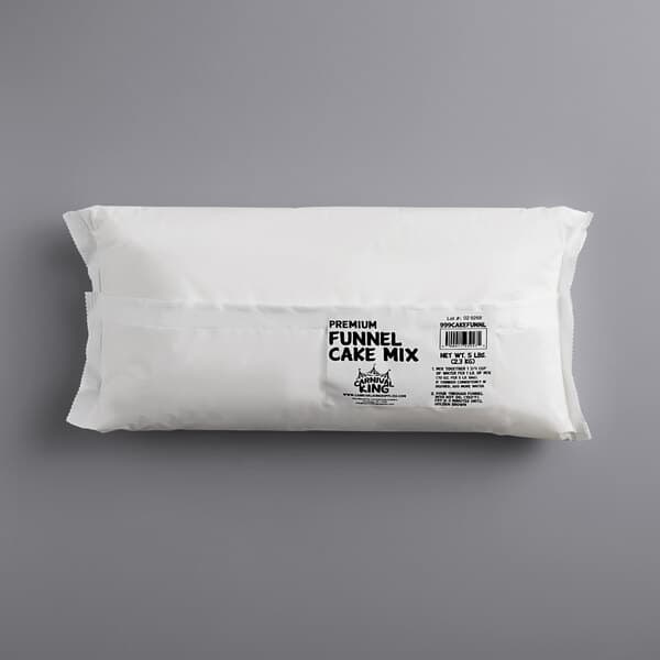 A white bag of Carnival King Funnel Cake Mix with a black label.