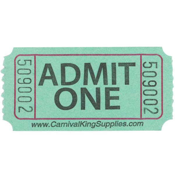 A roll of green Carnival King "Admit One" tickets with the words "Admit One" in white.