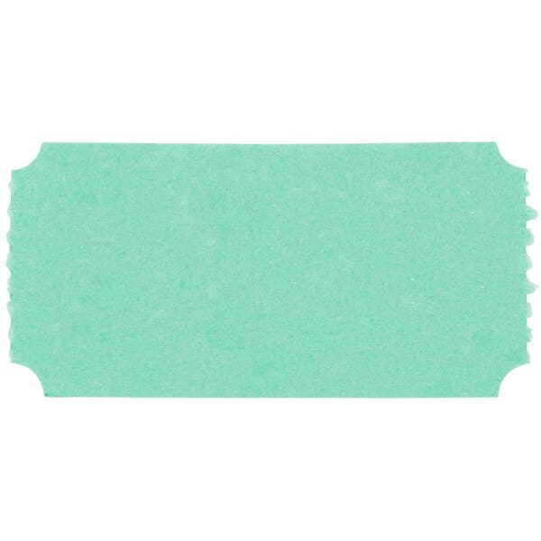 A green rectangular paper ticket with white text.
