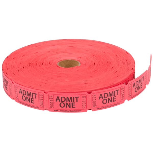 A roll of red Carnival King "Admit One" tickets.