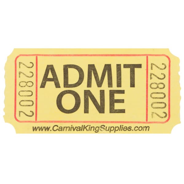 A yellow Carnival King "Admit One" ticket with black text.