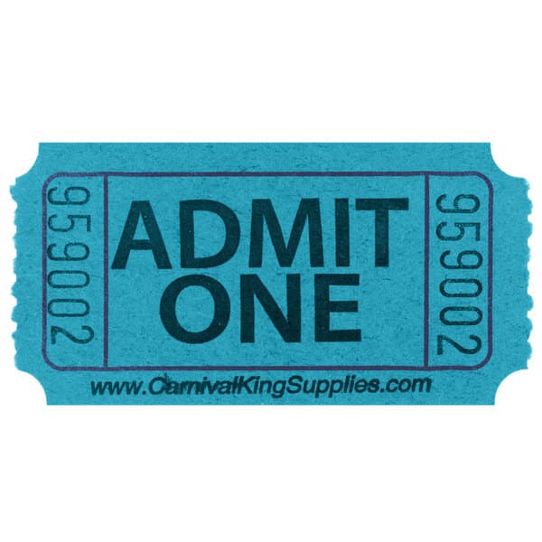 A blue rectangular Carnival King ticket with black "Admit One" text.