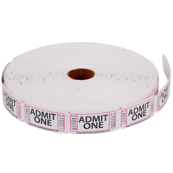 A roll of white Carnival King tickets with "Admit One" in black and red text.