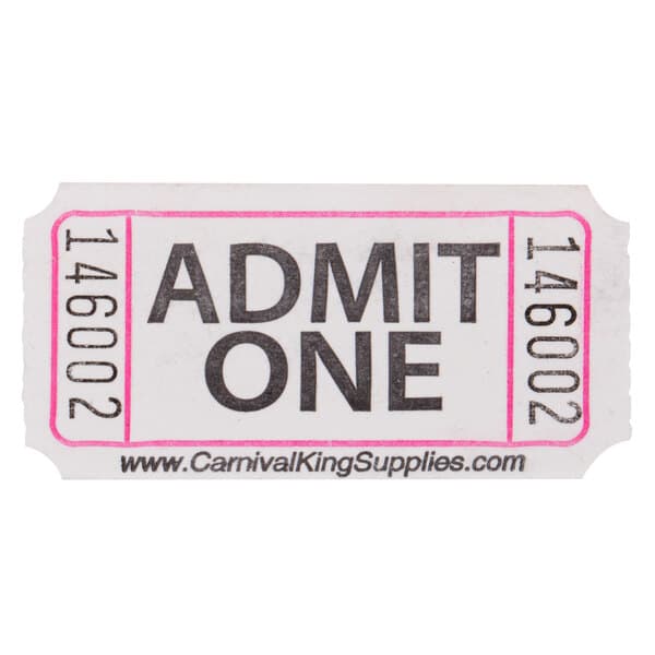 A close-up of a white Carnival King "Admit One" ticket.