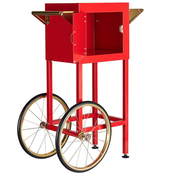 A red cart with wheels for a Carnival King PM470 Popcorn Popper.